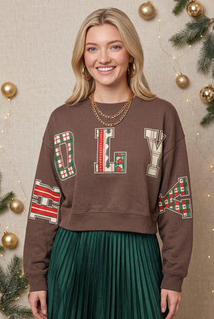 Holly Jolly Patch Mocha Crop Sweatshirt by Southern Bliss Company – view 4