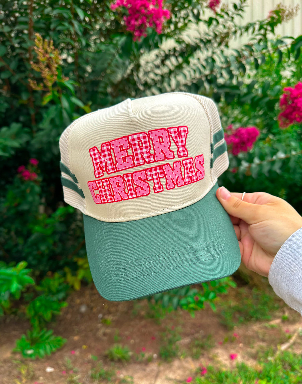 Merry Christmas Dark Green Striped Canvas Trucker Hat by Southern Bliss Company