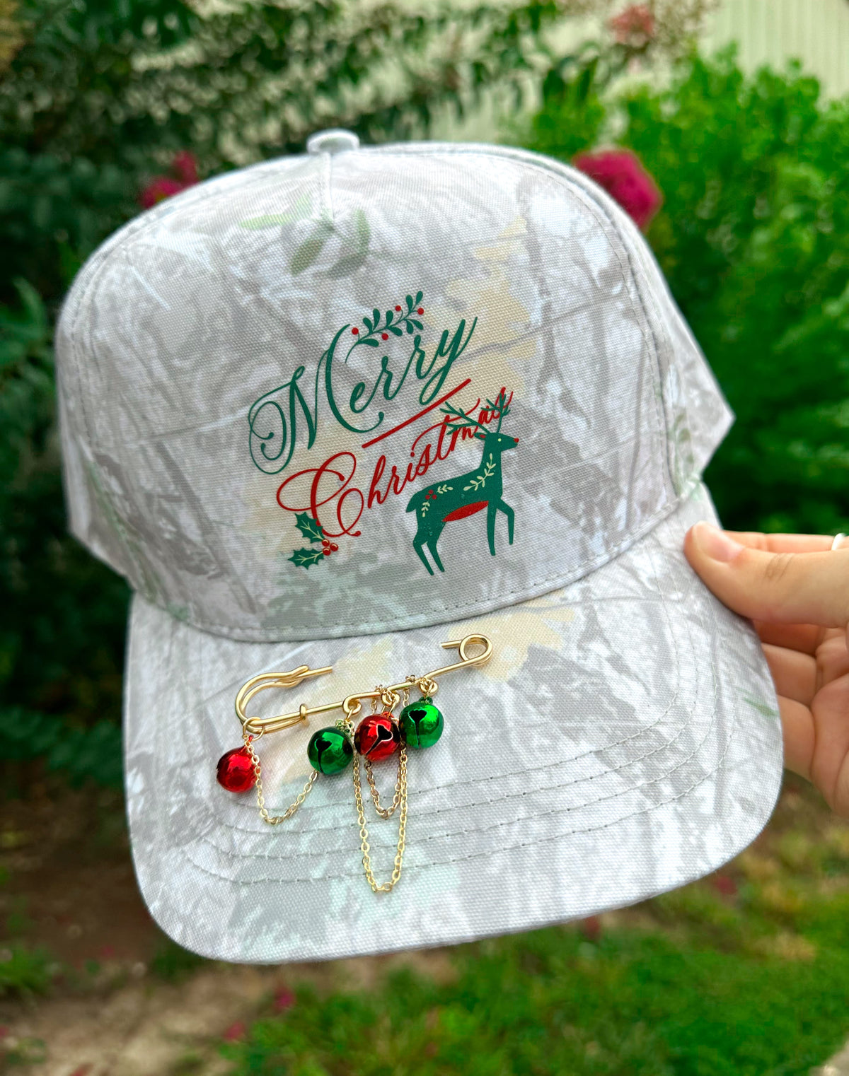 Vintage Merry Christmas With Reindeer Washed Camo Canvas Trucker by Southern Bliss Company