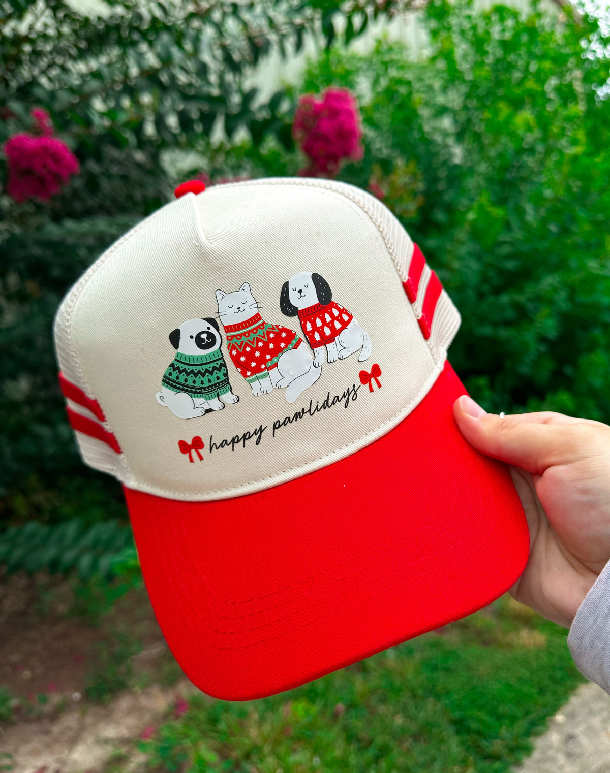 Happy Pawlidays Red Striped Canvas Trucker Hat by Southern Bliss Company