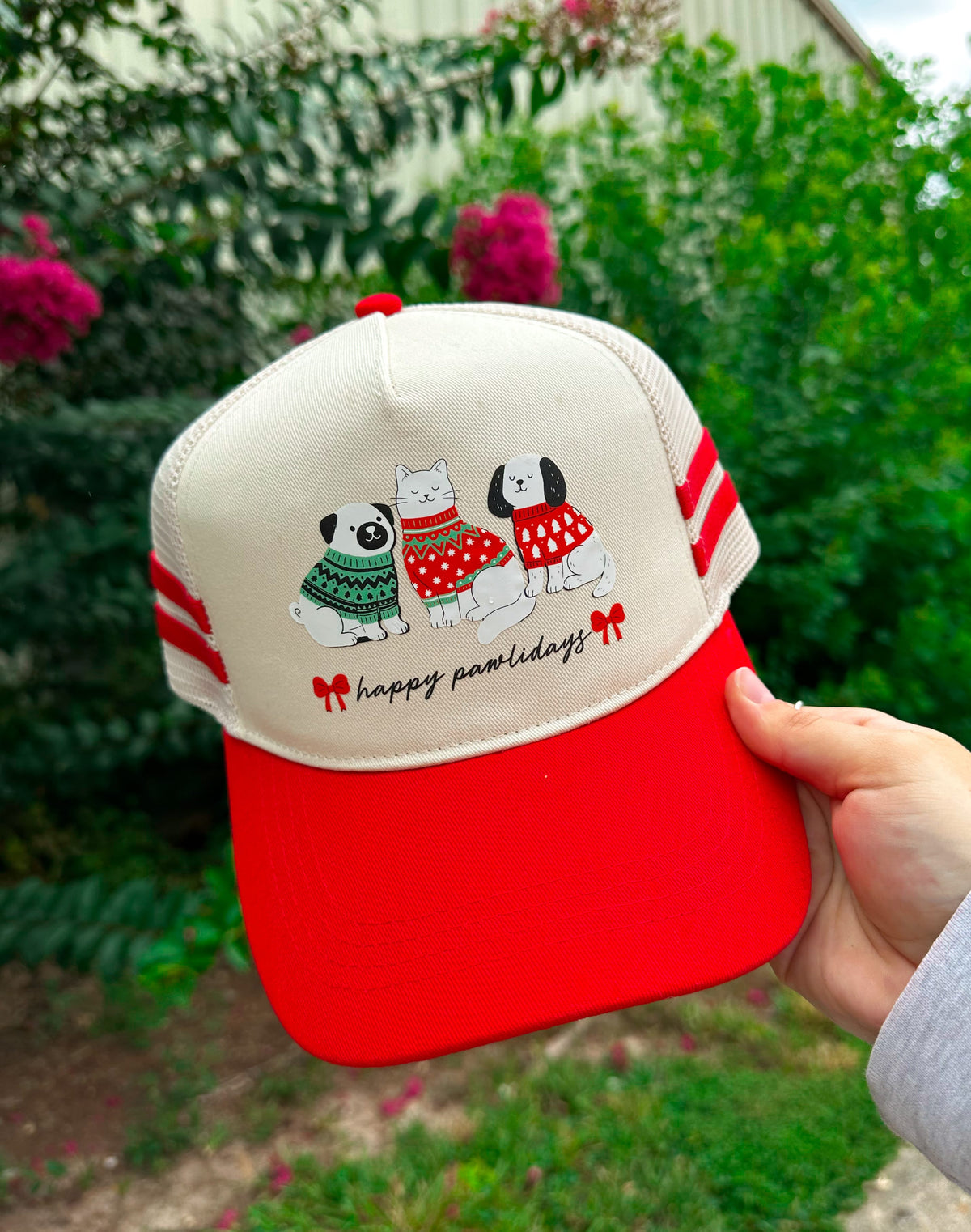 Happy Pawlidays Red Striped Canvas Trucker Hat by Southern Bliss Company – view 2