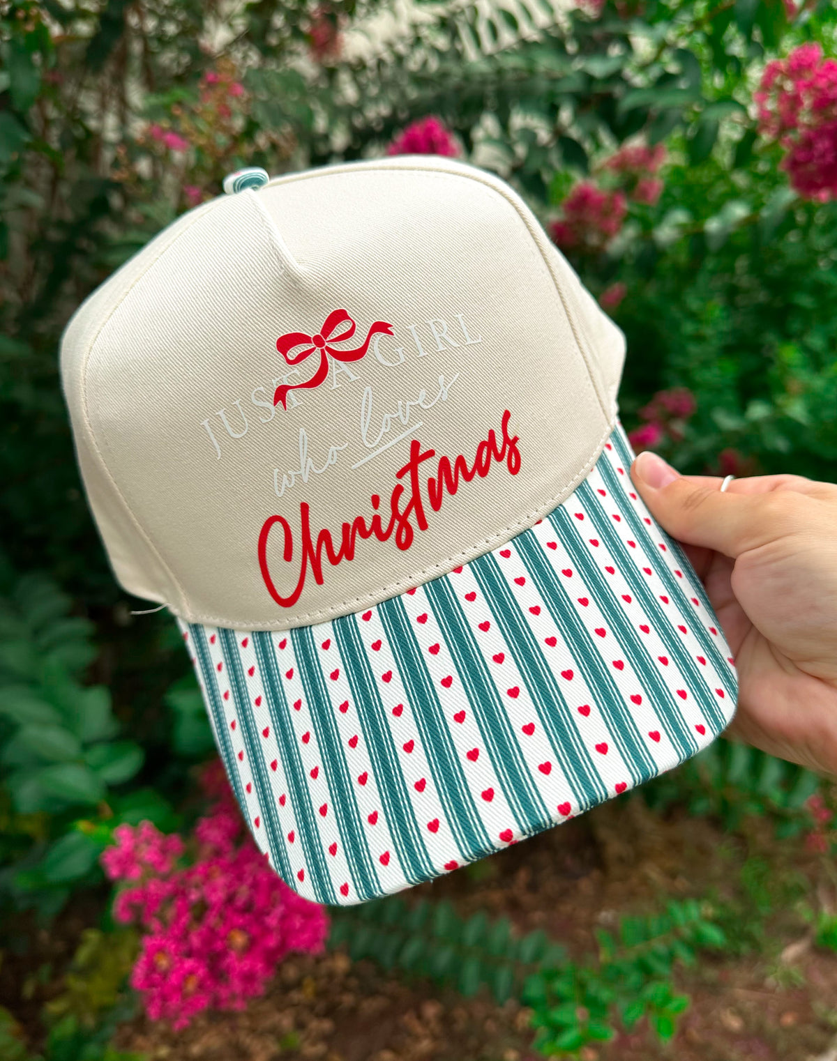 Just A Girl Who Loves Christmas Green Striped & Red Hearts Canvas Trucker Hat by Southern Bliss Company