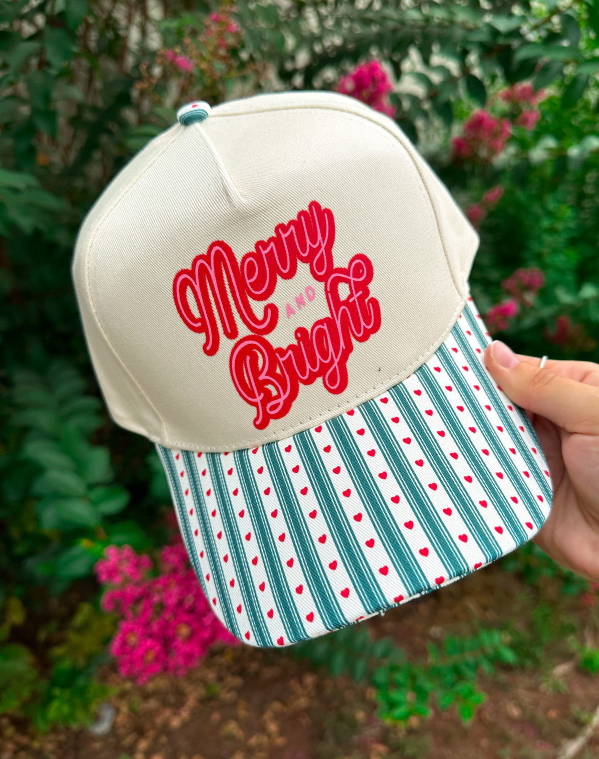 Merry & Bright Green Striped & Red Hearts Canvas Trucker Hat by Southern Bliss Company