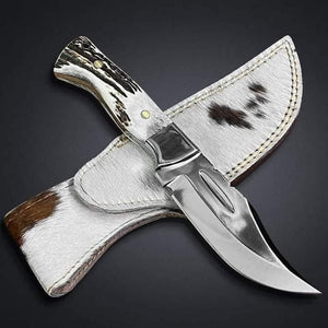 Mirror Polish Gut Hook Skinner Knife with Stag Handle and Brass Pins