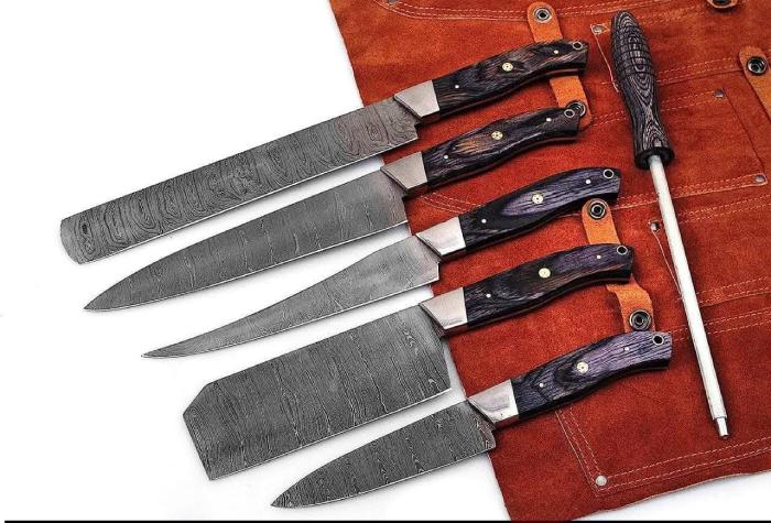 6-Piece Chef Knife Set with Sharpening Rod and Leather Roll Case