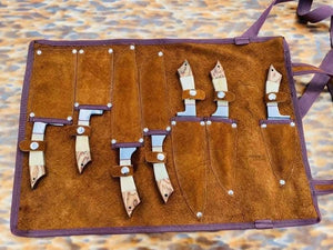 Bone Handle Caping Knife Set with Tooled Leather Roll Case