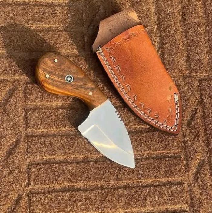 Compact Drop Point Utility Knife with Wood Handle and Tooled Leather Sheath