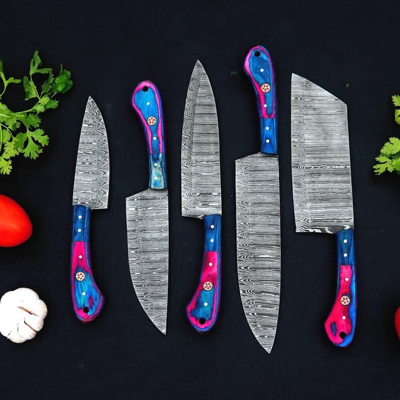 5-Piece Pink and Blue Resin Handle Chef Knife Set with Patterned Steel Blades