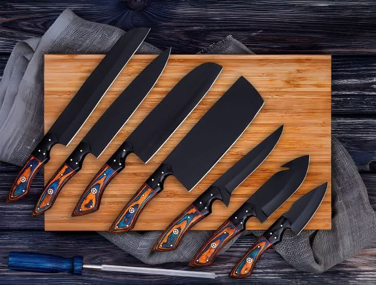 8-Piece Black Coated Chef Knife Set with Orange-Blue Resin Handles