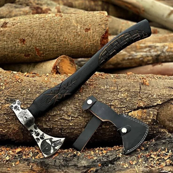 Skull Etched Belt Axe with Textured Wood Handle