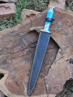 Turquoise Handle Damascus Dagger Set with Brass Bolsters