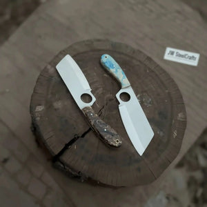 Mini Cleaver Knife Western Style Utility Cleaver Thumb Hole Resin Handle Fixed Blade by JW SteelCrafts, Damascus knife detail photo 4