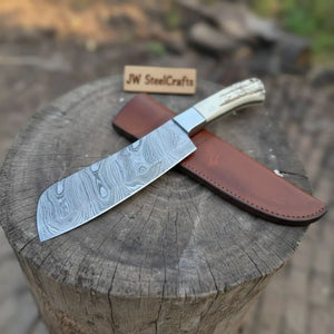 Handmade Damascus Cimeter Butcher Knife with Synthetic Stag Handle by JW SteelCrafts, Damascus knife detail photo 3