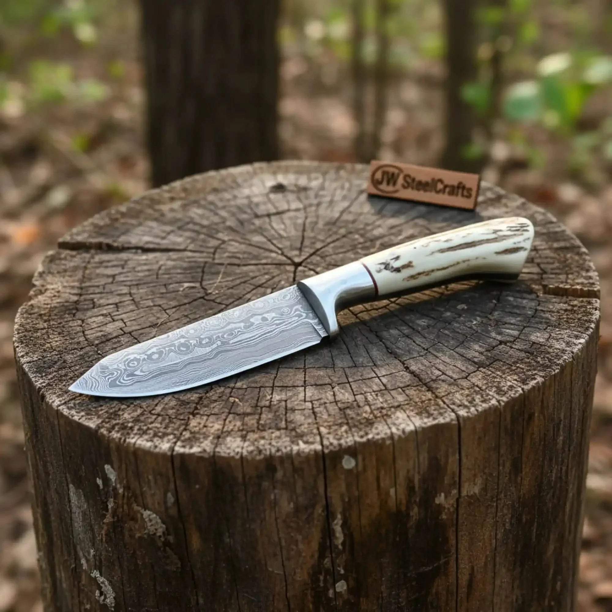 Handmade Damascus Skinner Knife with Synthetic Stag Handle | Full Tang Drop Point Blade by JW SteelCrafts, Damascus knife detail photo 2
