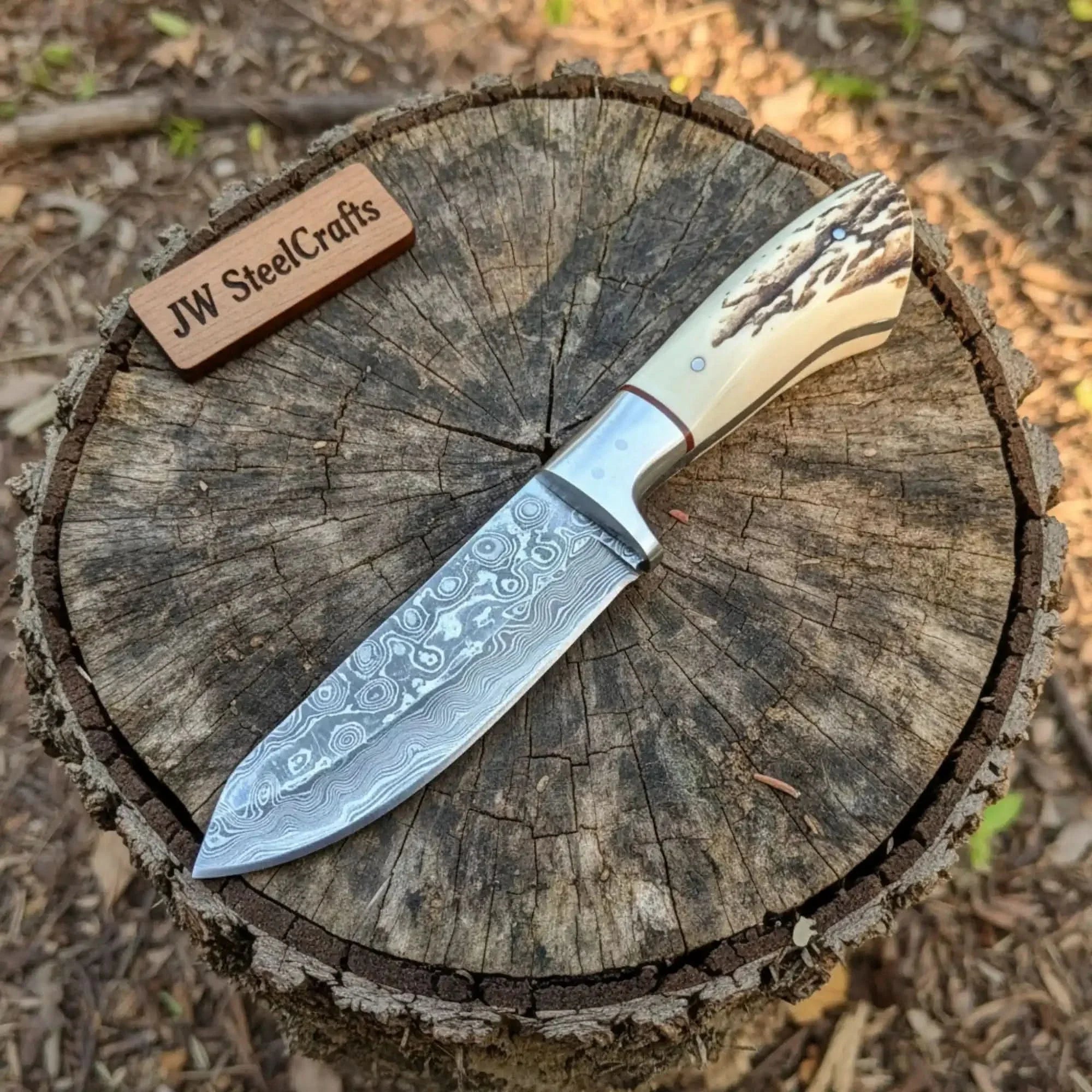 Handmade Damascus Skinner Knife with Synthetic Stag Handle | Full Tang Drop Point Blade by JW SteelCrafts, Damascus knife main product photo