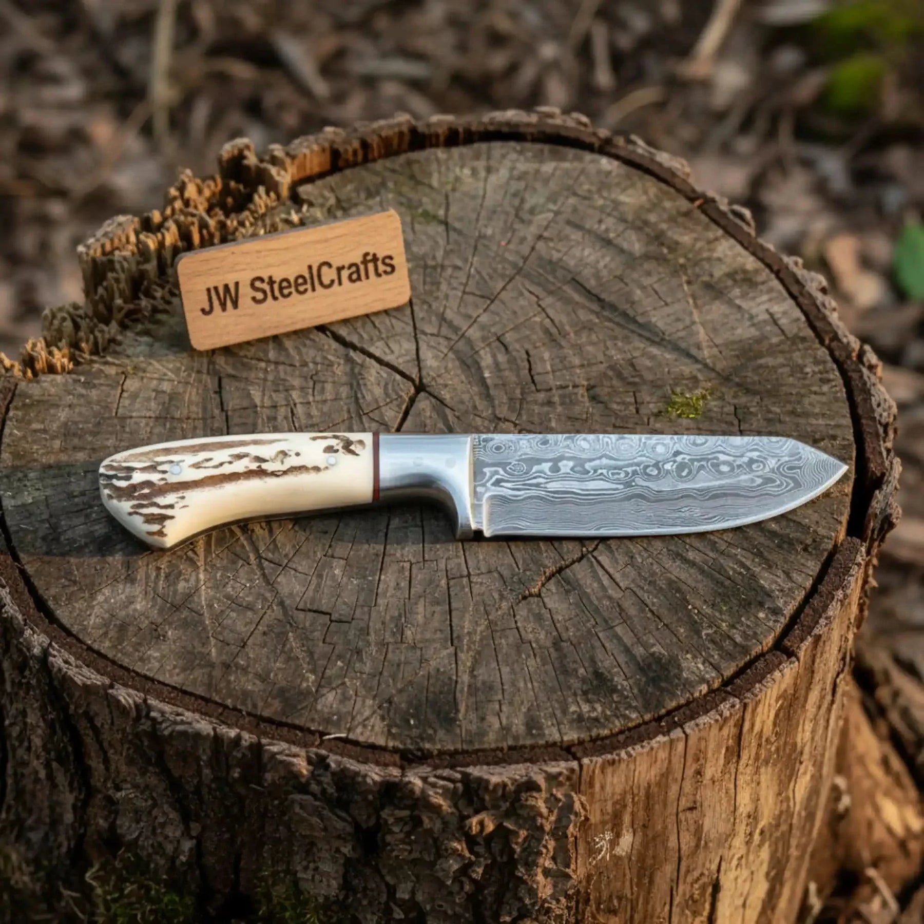 Handmade Damascus Skinner Knife with Synthetic Stag Handle | Full Tang Drop Point Blade by JW SteelCrafts, Damascus knife detail photo 4