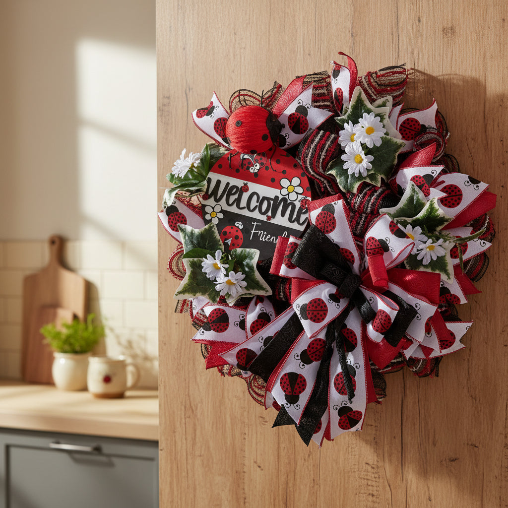 Ladybug Welcome Wreath | Handmade Spring Front Door Wreath | Garden Ladybug Door Hanger | Summer Farmhouse Decor