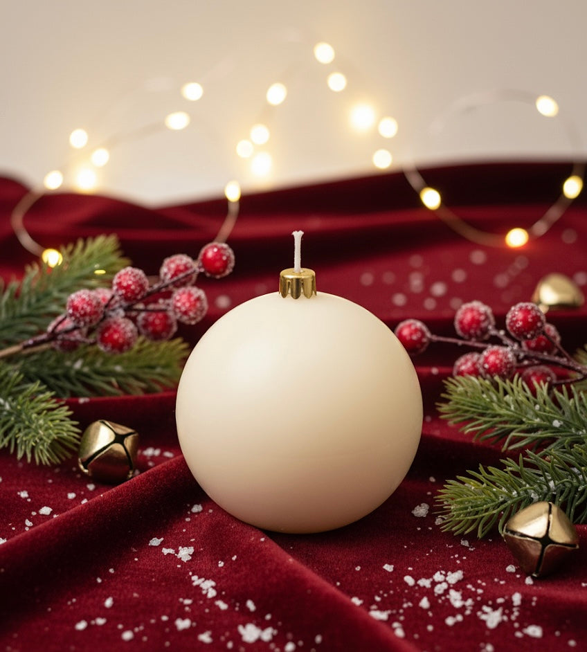 White Christmas sphere candle by Believe Candle – product view 2
