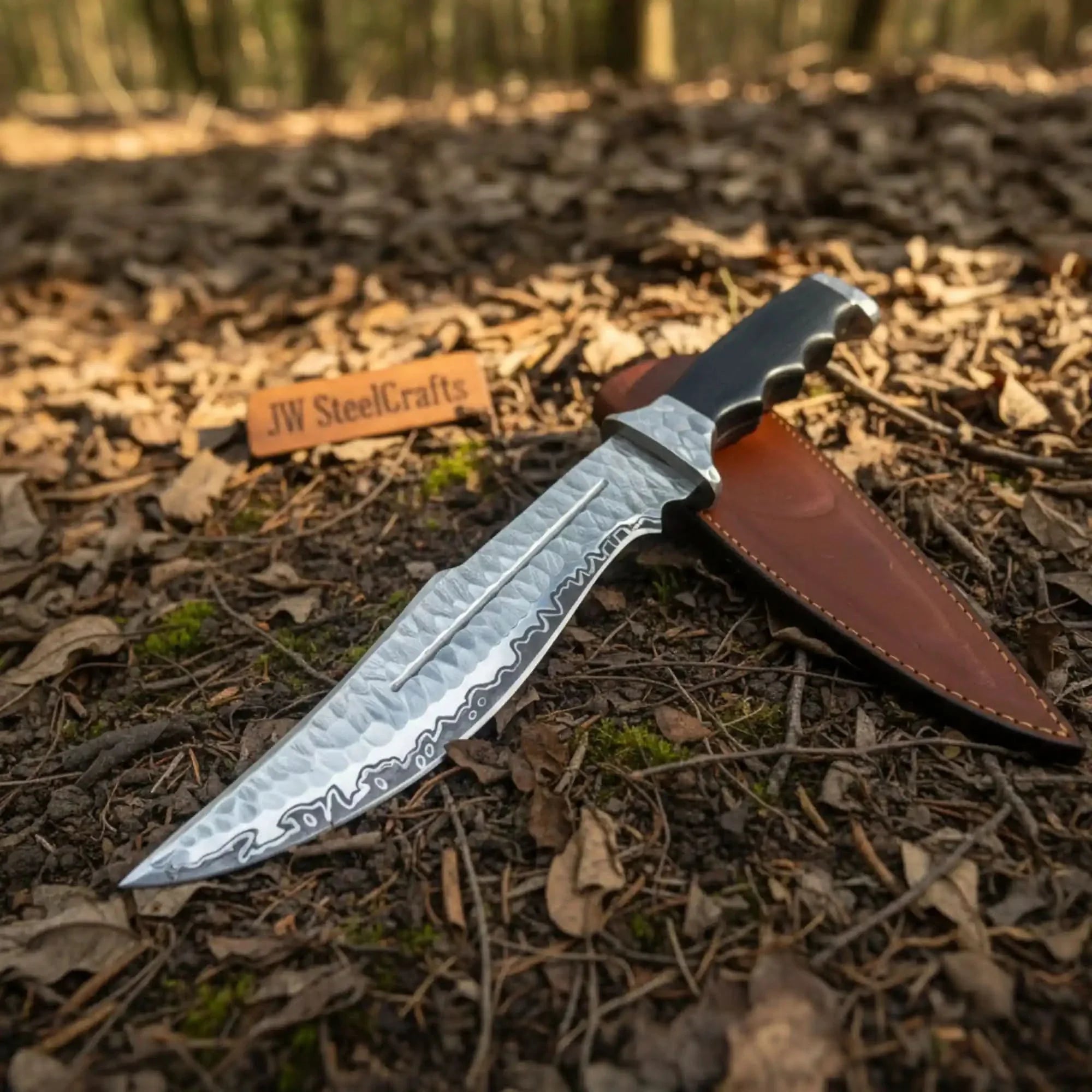 Handmade Carbon Steel Bowie Knife with Black Resin Handle | Full Tang Clip Point Blade by JW SteelCrafts, Damascus knife detail photo 2