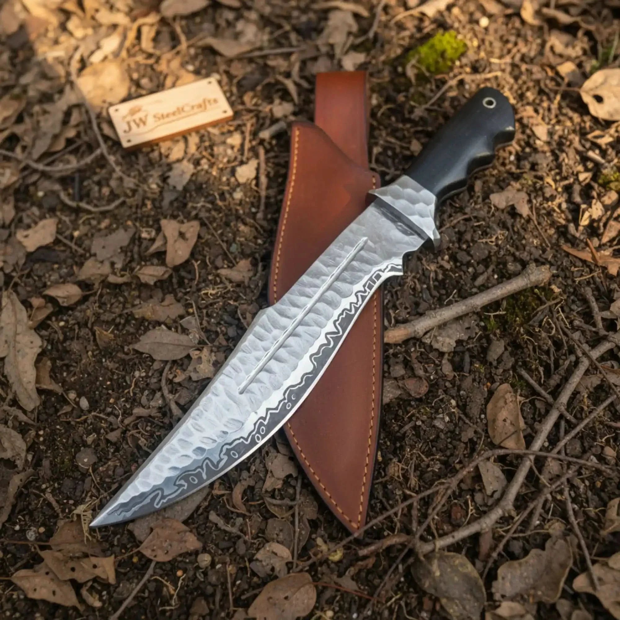 Handmade Carbon Steel Bowie Knife with Black Resin Handle | Full Tang Clip Point Blade by JW SteelCrafts, Damascus knife main product photo