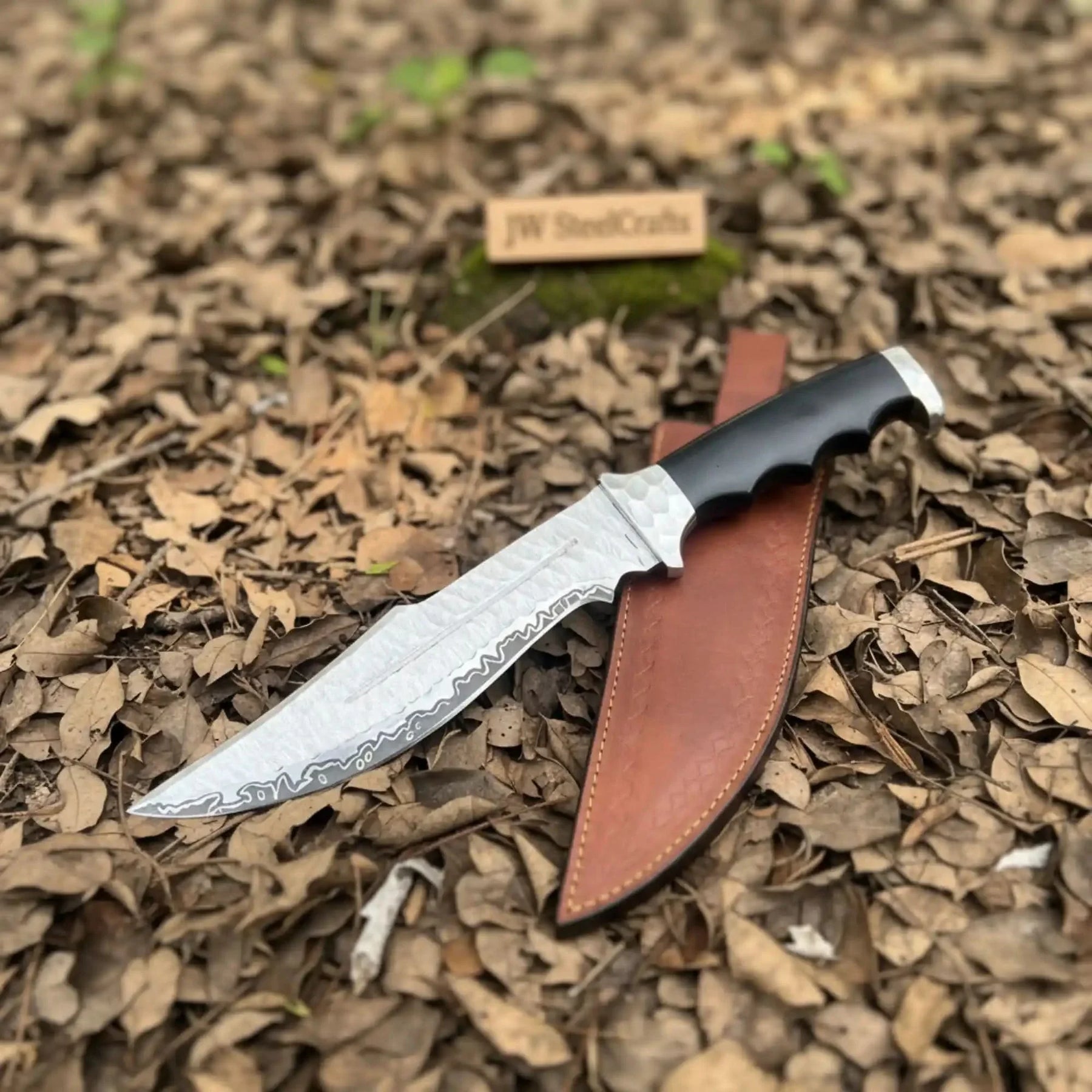 Handmade Carbon Steel Bowie Knife with Black Resin Handle | Full Tang Clip Point Blade by JW SteelCrafts, Damascus knife detail photo 4