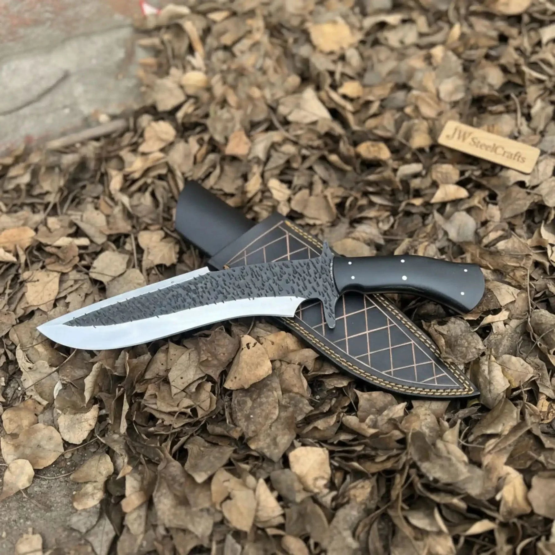 Handmade Carbon Steel Clip Point Bowie Knife with Black Micarta Handle by JW SteelCrafts, Damascus knife detail photo 3