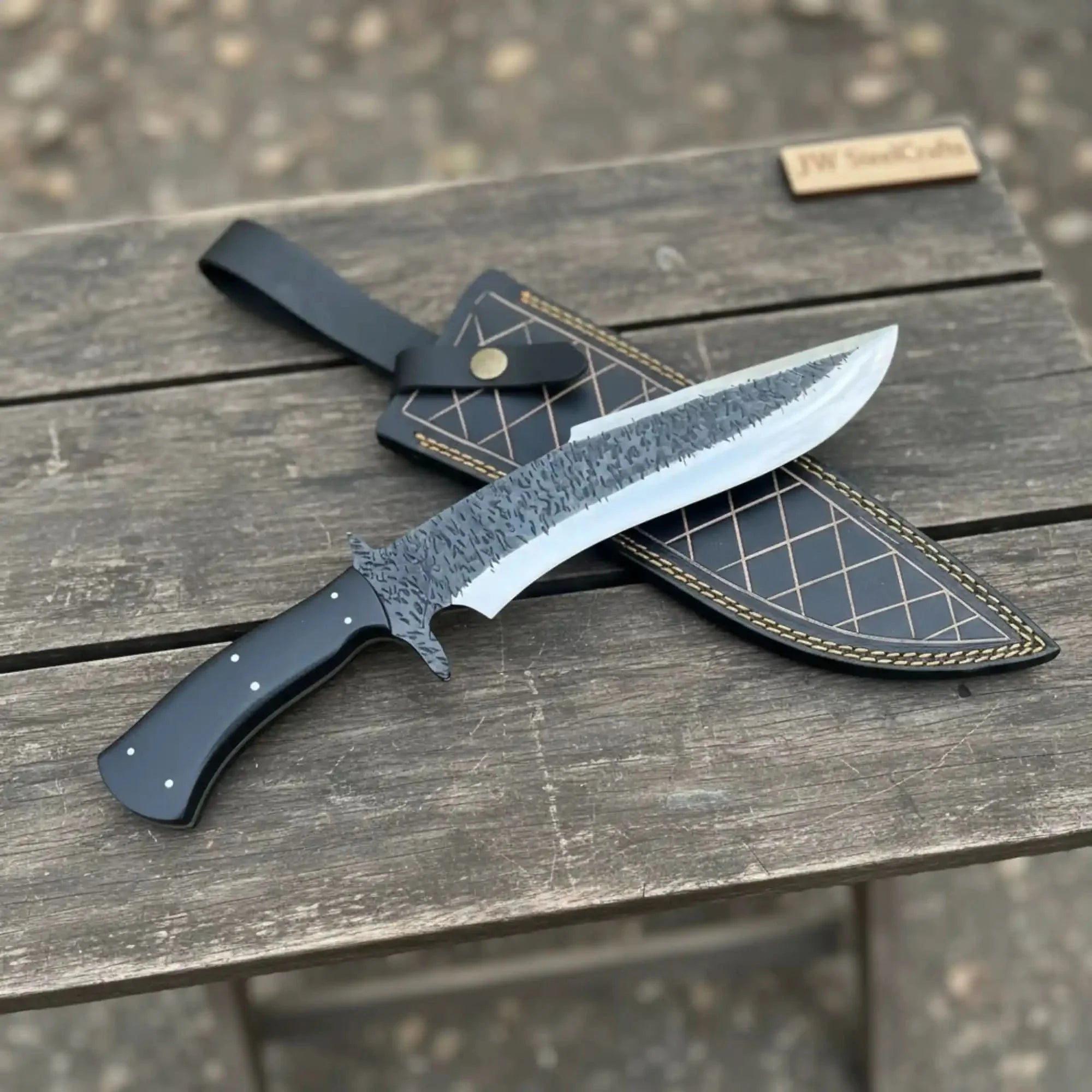 Handmade Carbon Steel Clip Point Bowie Knife with Black Micarta Handle by JW SteelCrafts, Damascus knife detail photo 2