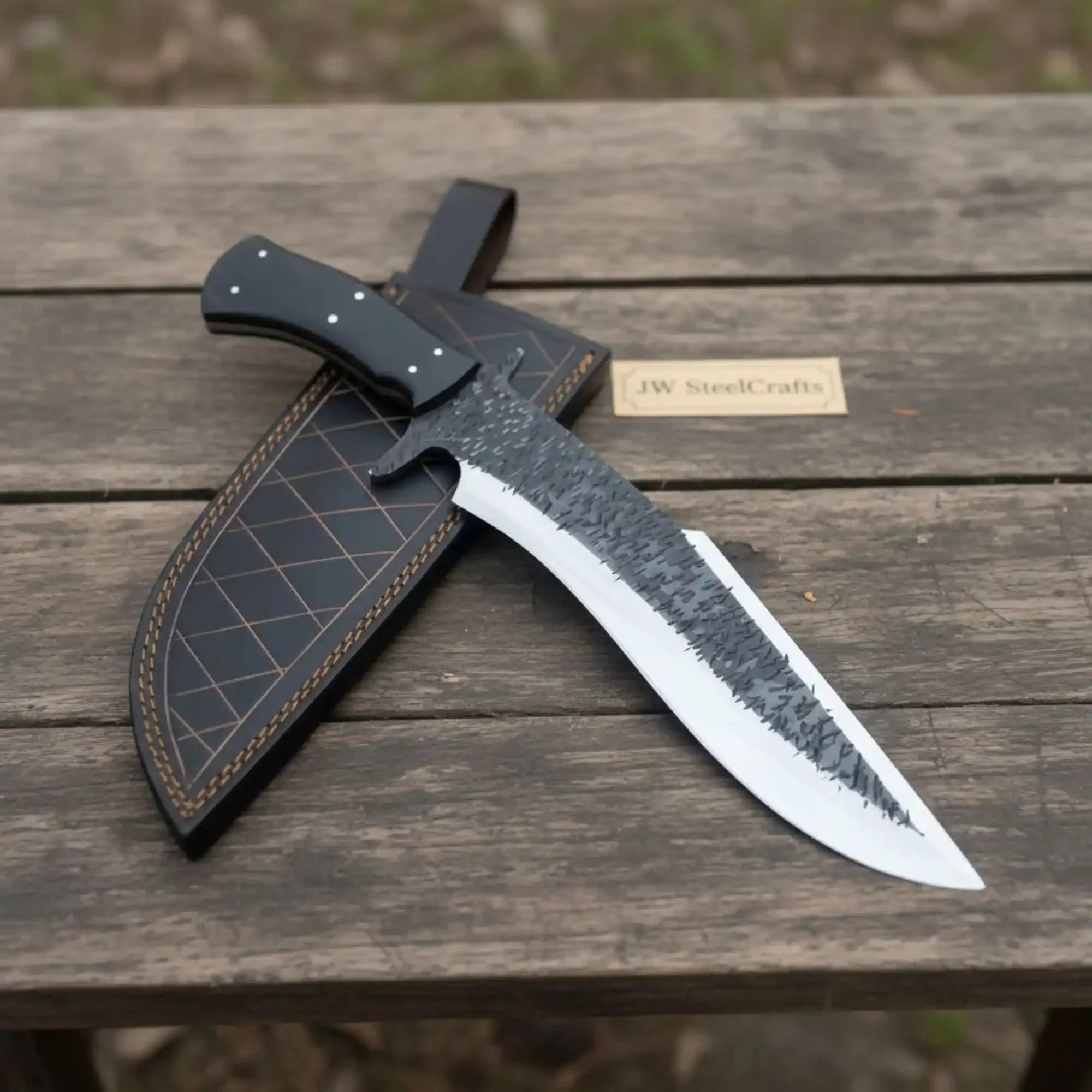 Handmade Carbon Steel Clip Point Bowie Knife with Black Micarta Handle by JW SteelCrafts, Damascus knife main product photo
