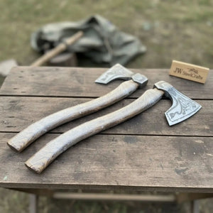 Norse Bearded Axe Pair — Viking Style Handmade Wood Cutting Tool by JW SteelCrafts, handmade axe detail photo 4