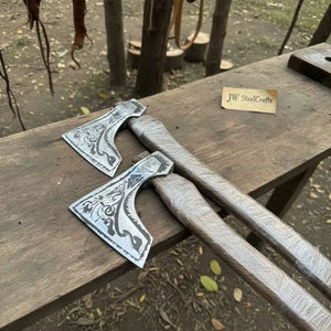 Norse Bearded Axe Pair — Viking Style Handmade Wood Cutting Tool by JW SteelCrafts, handmade axe detail photo 3