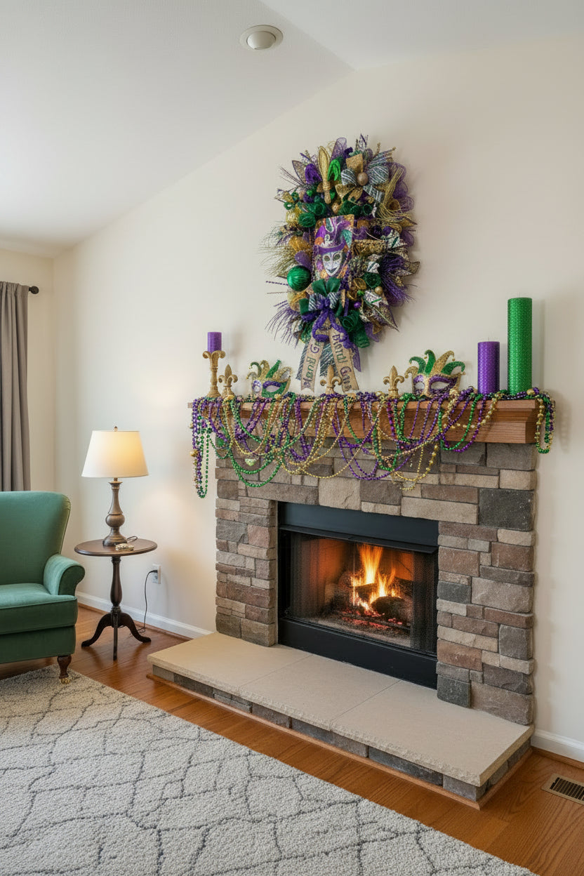 Luxury Mardi Gras Wreath | Purple Green Gold Front Door Wreath | Fat Tuesday Decor | Fleur De Lis Carnival Door Hanger