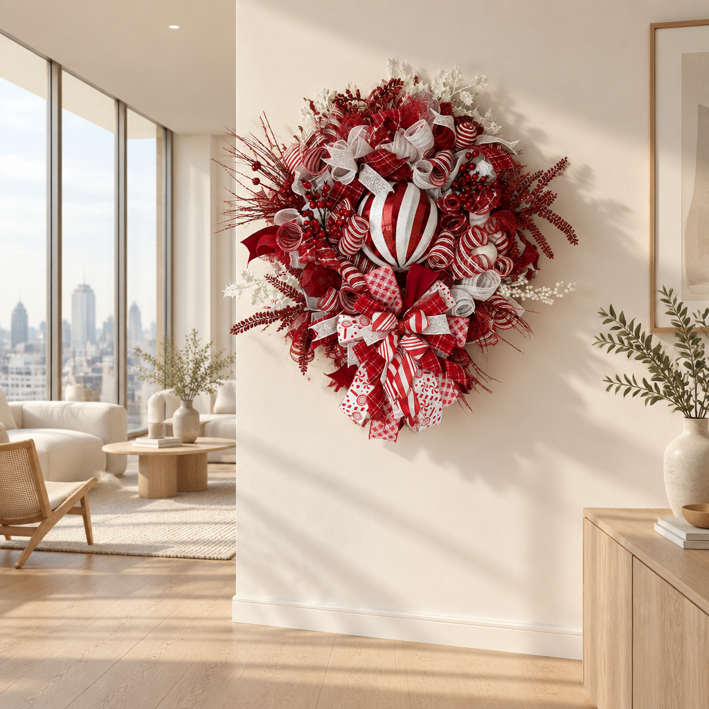 Red and white peppermint Christmas wreath by Bouge Creations