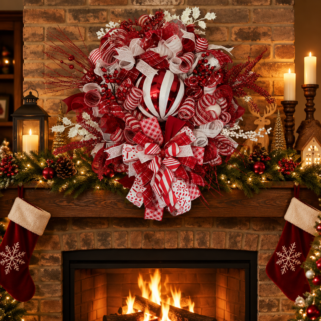 Red and white peppermint Christmas wreath by Bouge Creations – view 2