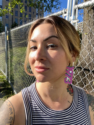 Additional view of 1973 Pink Hoop Earrings hand painted on lightweight wood by LE CHIC MIAMI