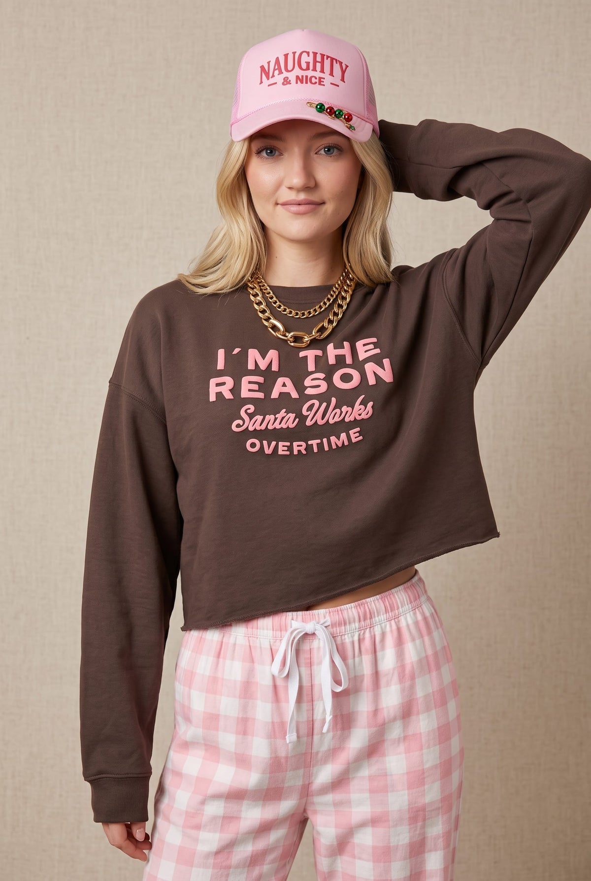 I'm The Reason Santa Works Overtime Mocha Crop Sweatshirt by Southern Bliss Company