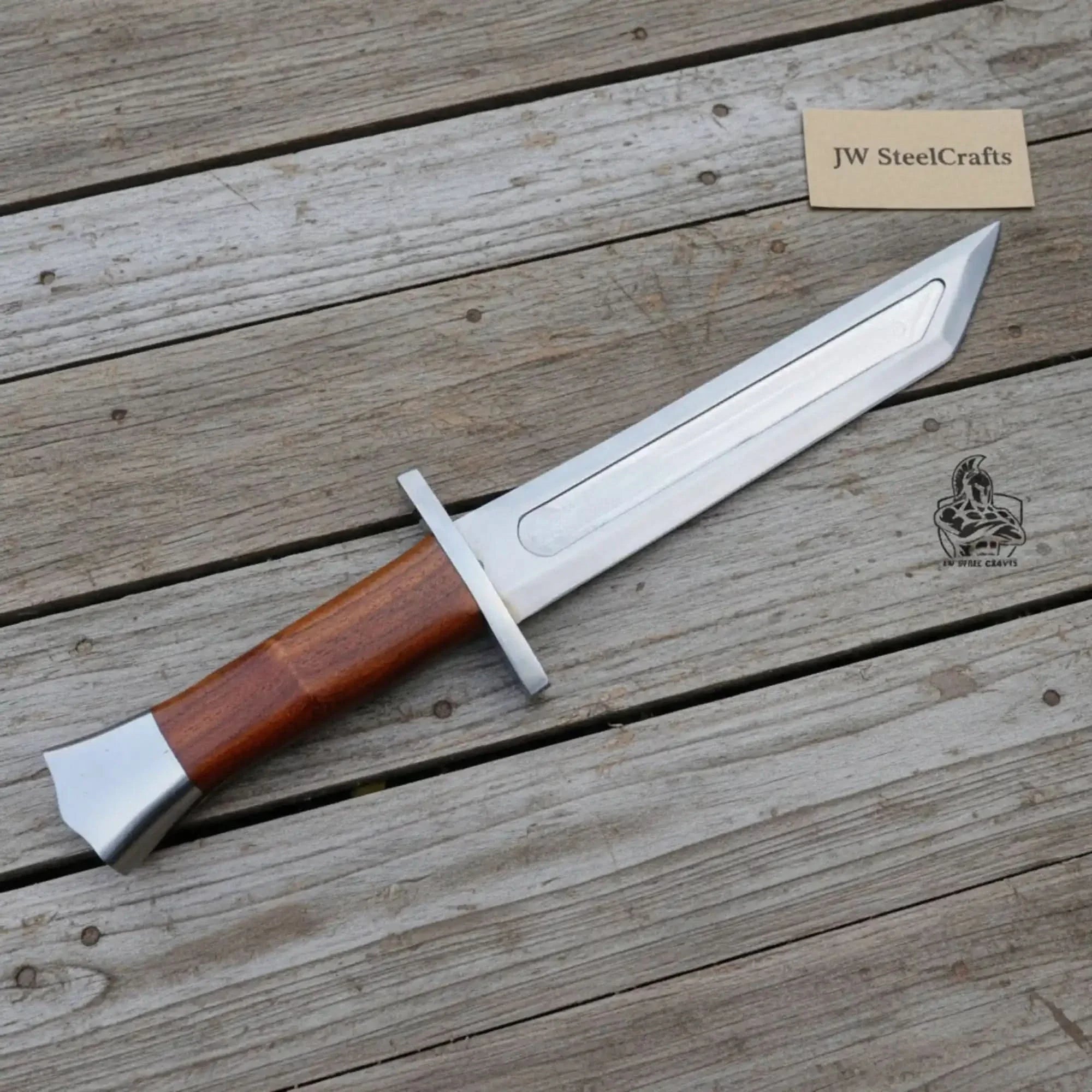 Handmade Carbon Steel Viking Seax Knife with Natural Wood Handle by JW SteelCrafts, Damascus knife detail photo 2