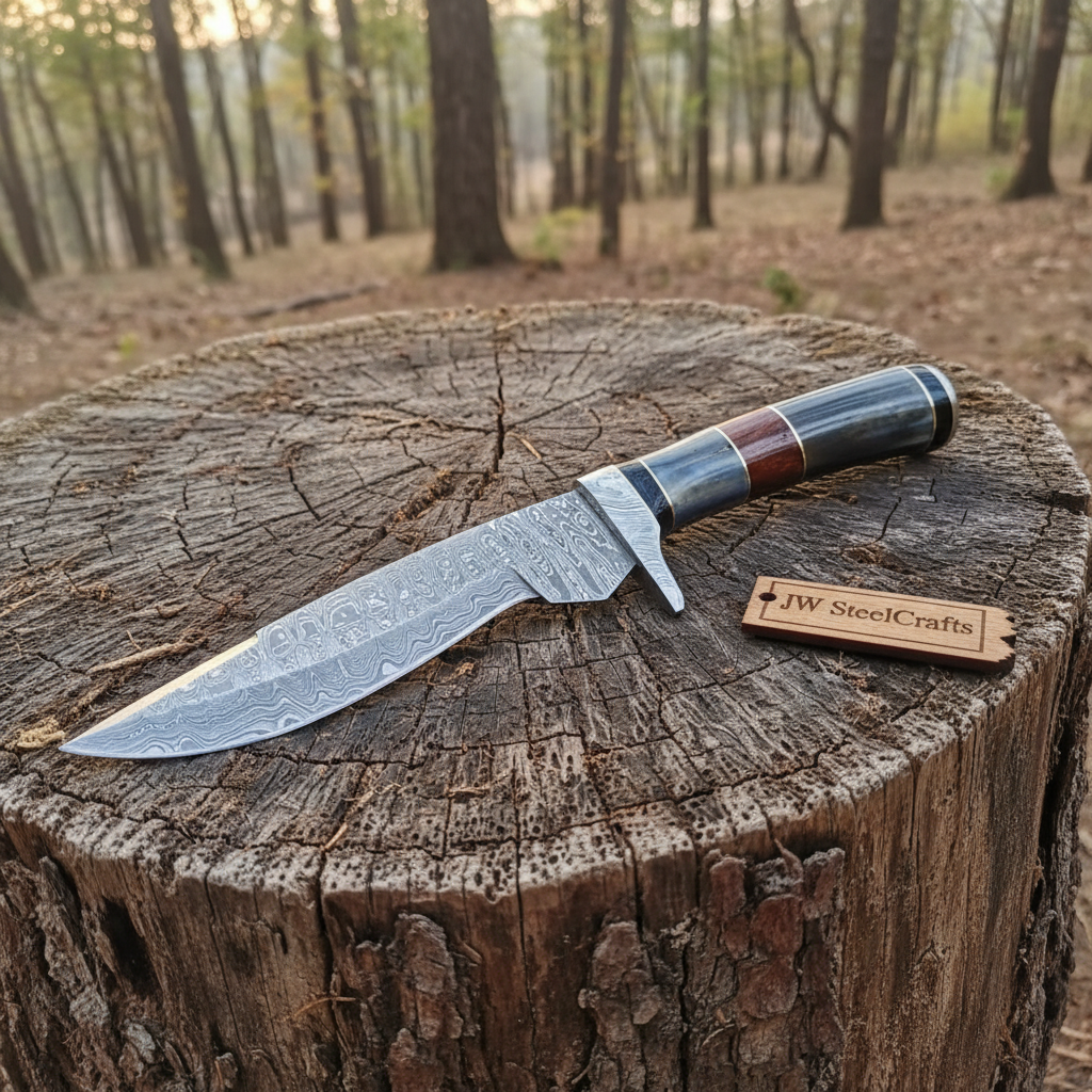 Handmade Damascus Bowie Knife with Colored Bone Handle | Full Tang Fixed Blade by JW SteelCrafts, Damascus knife main product photo
