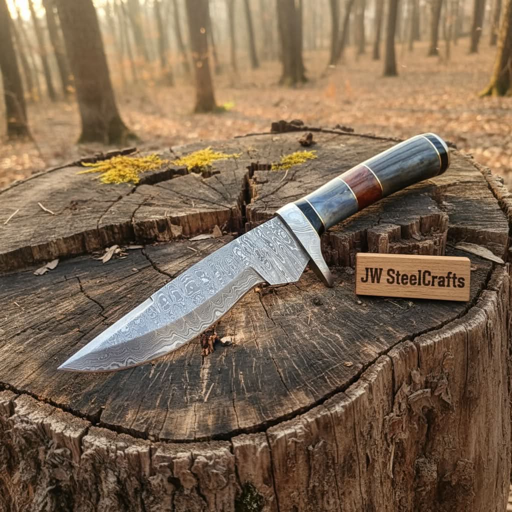 Handmade Damascus Bowie Knife with Colored Bone Handle | Full Tang Fixed Blade by JW SteelCrafts, Damascus knife detail photo 2