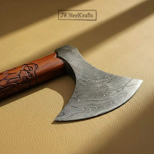 Handmade Norse Viking Axe Pair with Damascus Steel Heads & Hand Engraved Wooden Handles by JW SteelCrafts, Southern lifestyle apparel detail photo 3