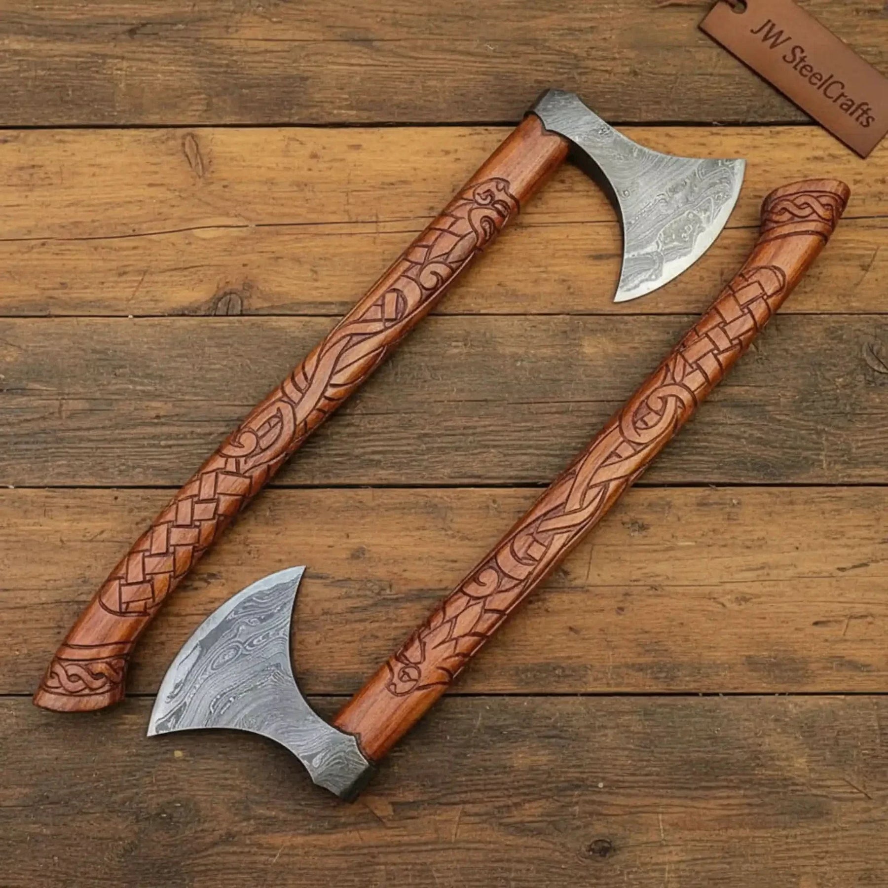 Handmade Norse Viking Axe Pair with Damascus Steel Heads & Hand Engraved Wooden Handles by JW SteelCrafts, Southern lifestyle apparel detail photo 5