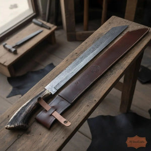 Long Seax Knife Straight Back Blade-Damascus steel | Medieval Style Knife by JW SteelCrafts, Damascus knife main product photo