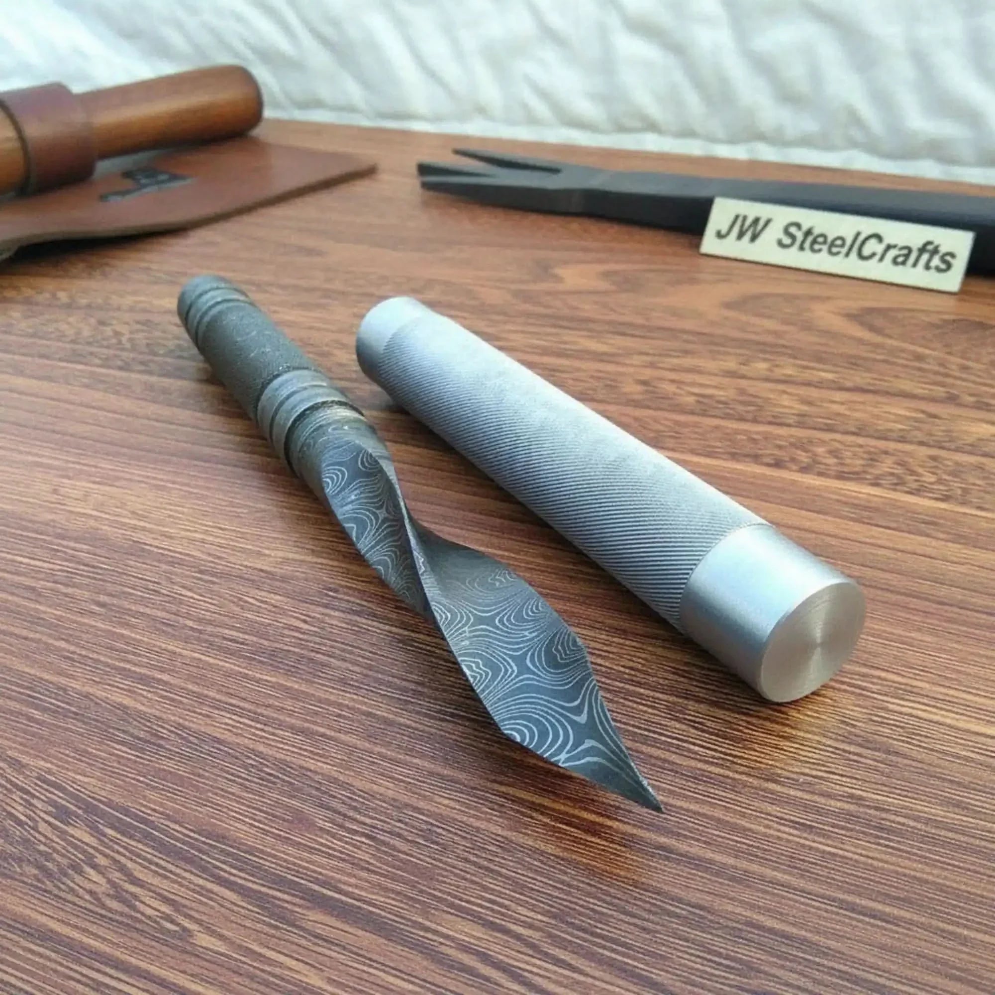 Handmade Damascus Aikuchi Tanto Knife with Aluminum Saya | Full Tang Japanese Style Knife by JW SteelCrafts, Damascus knife main product photo