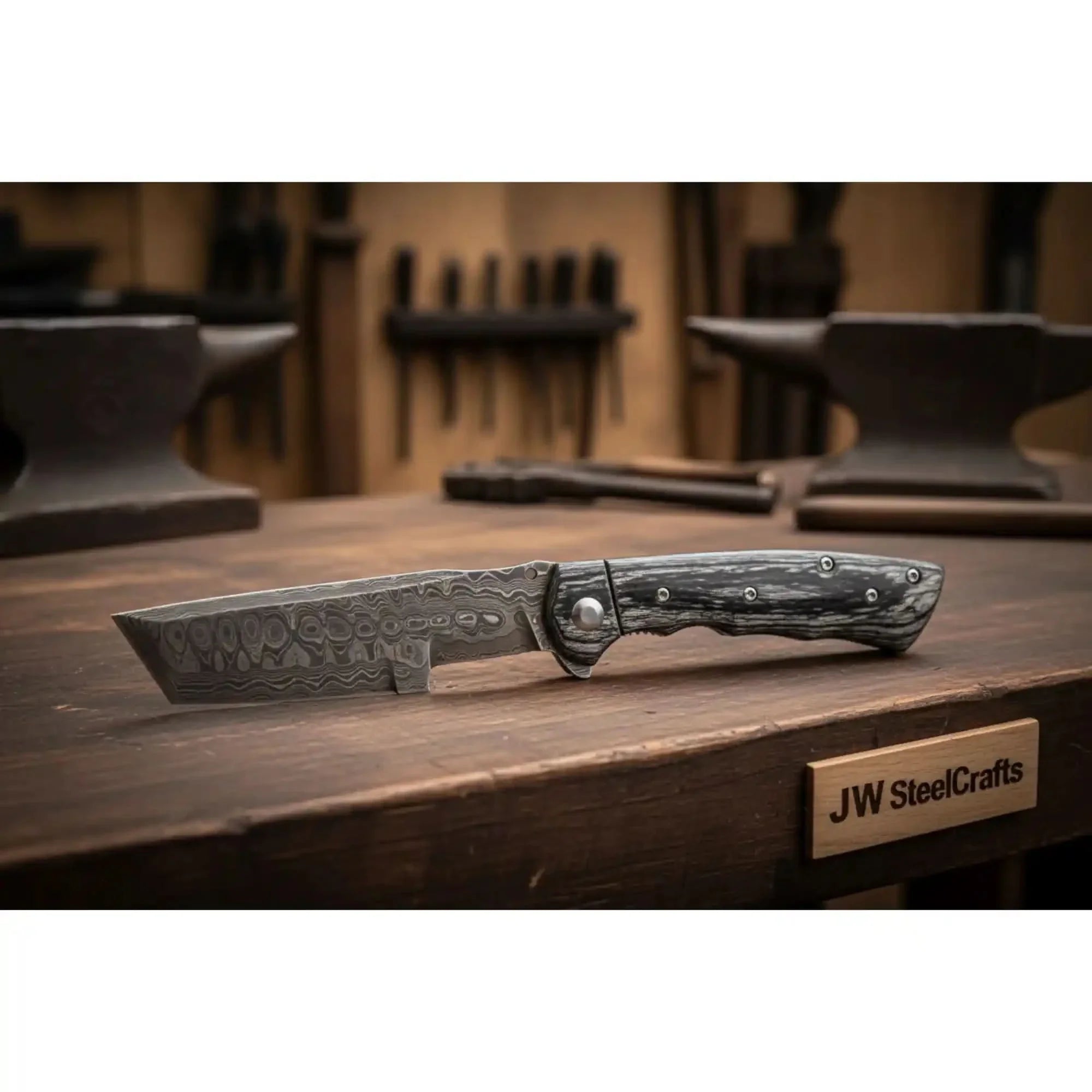 Premium Damascus Tracker Fixed Blade Knife Full Tang Durable EDC Blade by JW SteelCrafts, Damascus knife detail photo 2
