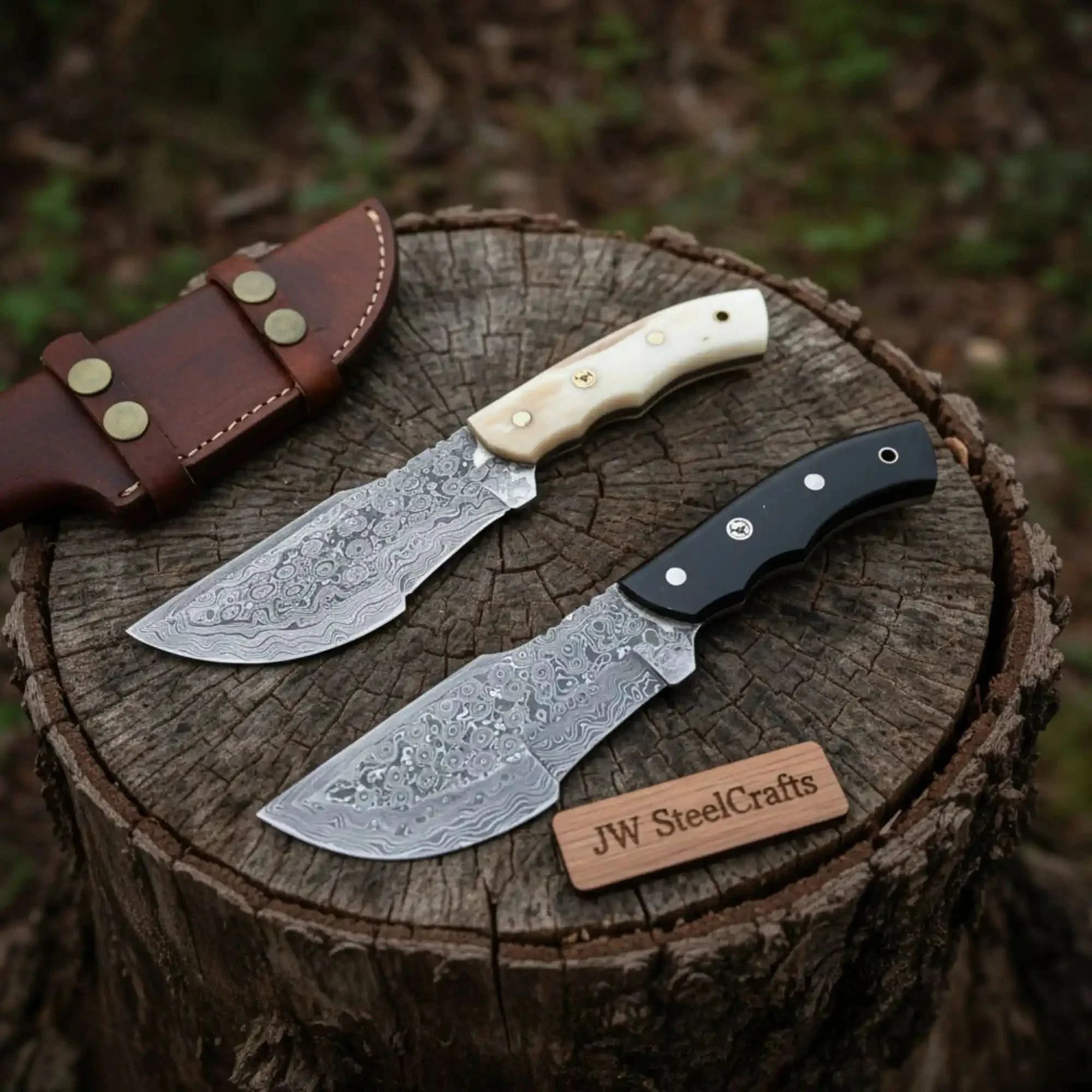 Handmade Damascus Tracker Knife Pair with Camel Bone & Black Micarta Handles by JW SteelCrafts, Damascus knife detail photo 2
