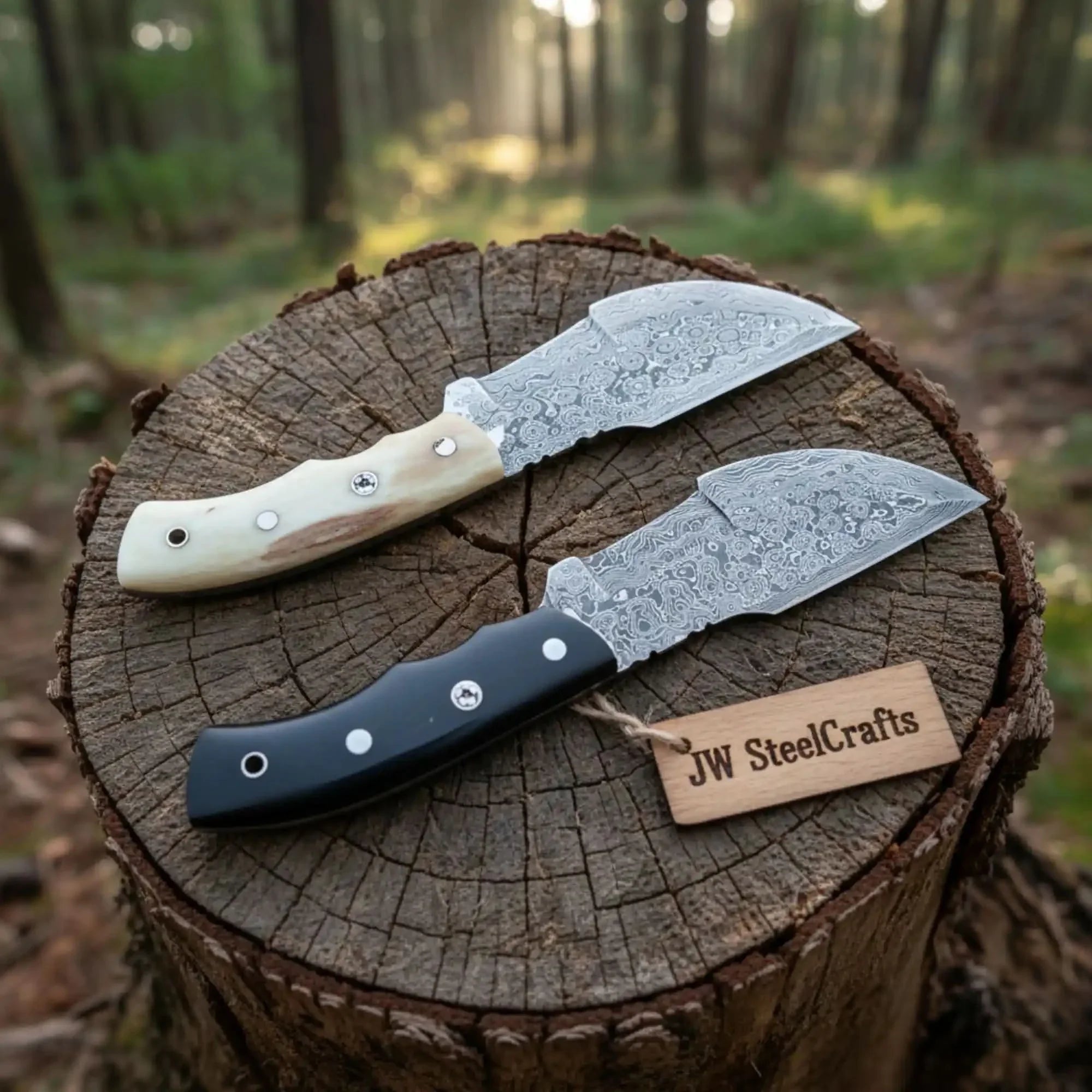 Handmade Damascus Tracker Knife Pair with Camel Bone & Black Micarta Handles by JW SteelCrafts, Damascus knife main product photo