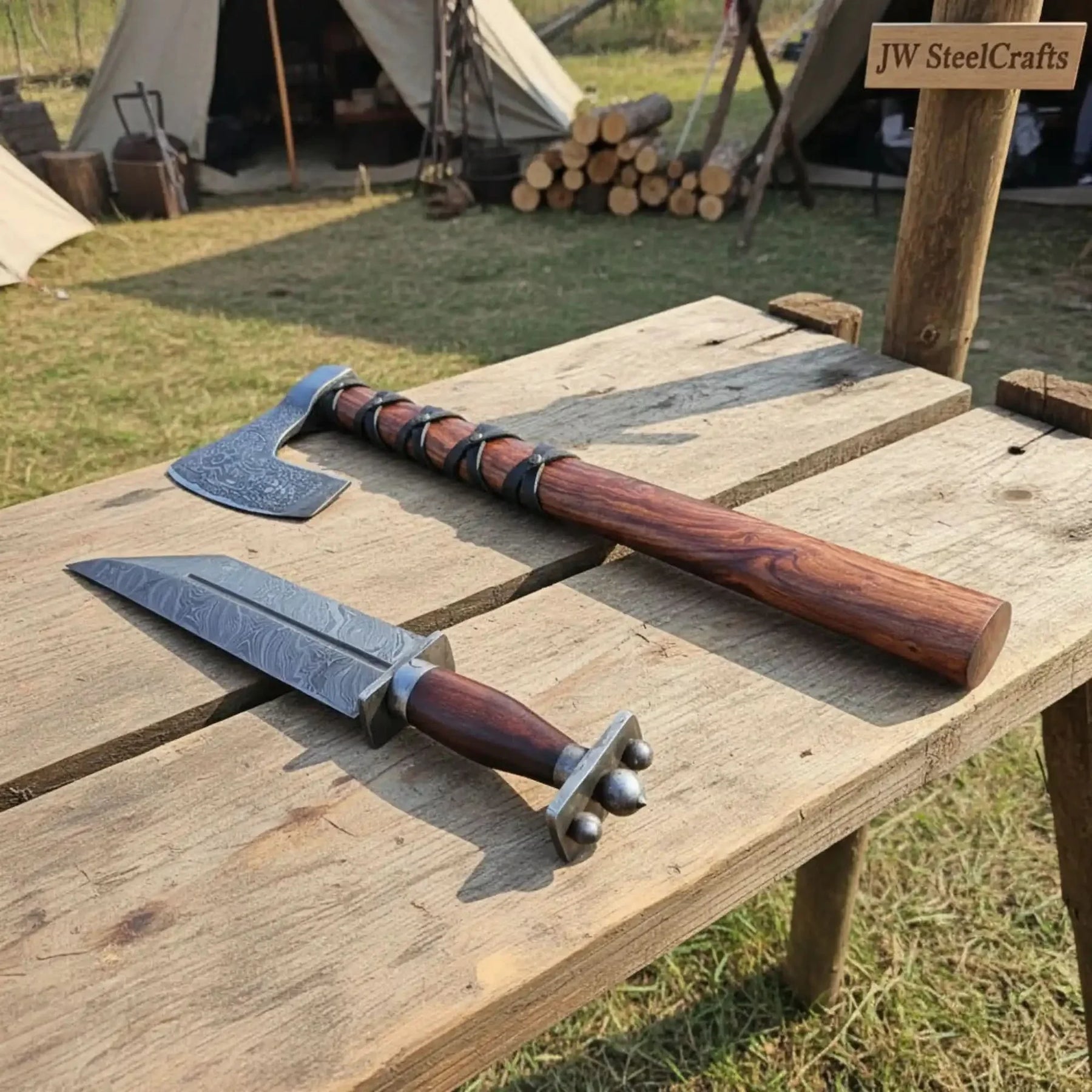 Viking Bearded Axe and Seax Knife Set | Bushcraft Wood Cutting by JW SteelCrafts, Damascus knife detail photo 6