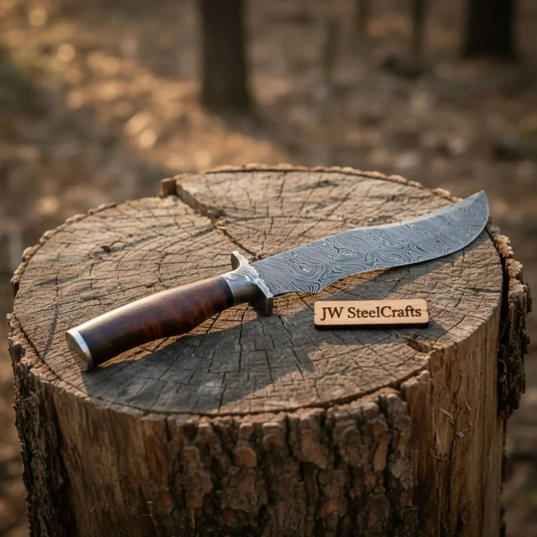 Handmade Damascus Trailing Point Bowie Knife with Tali Wood Handle by JW SteelCrafts, Damascus knife detail photo 3