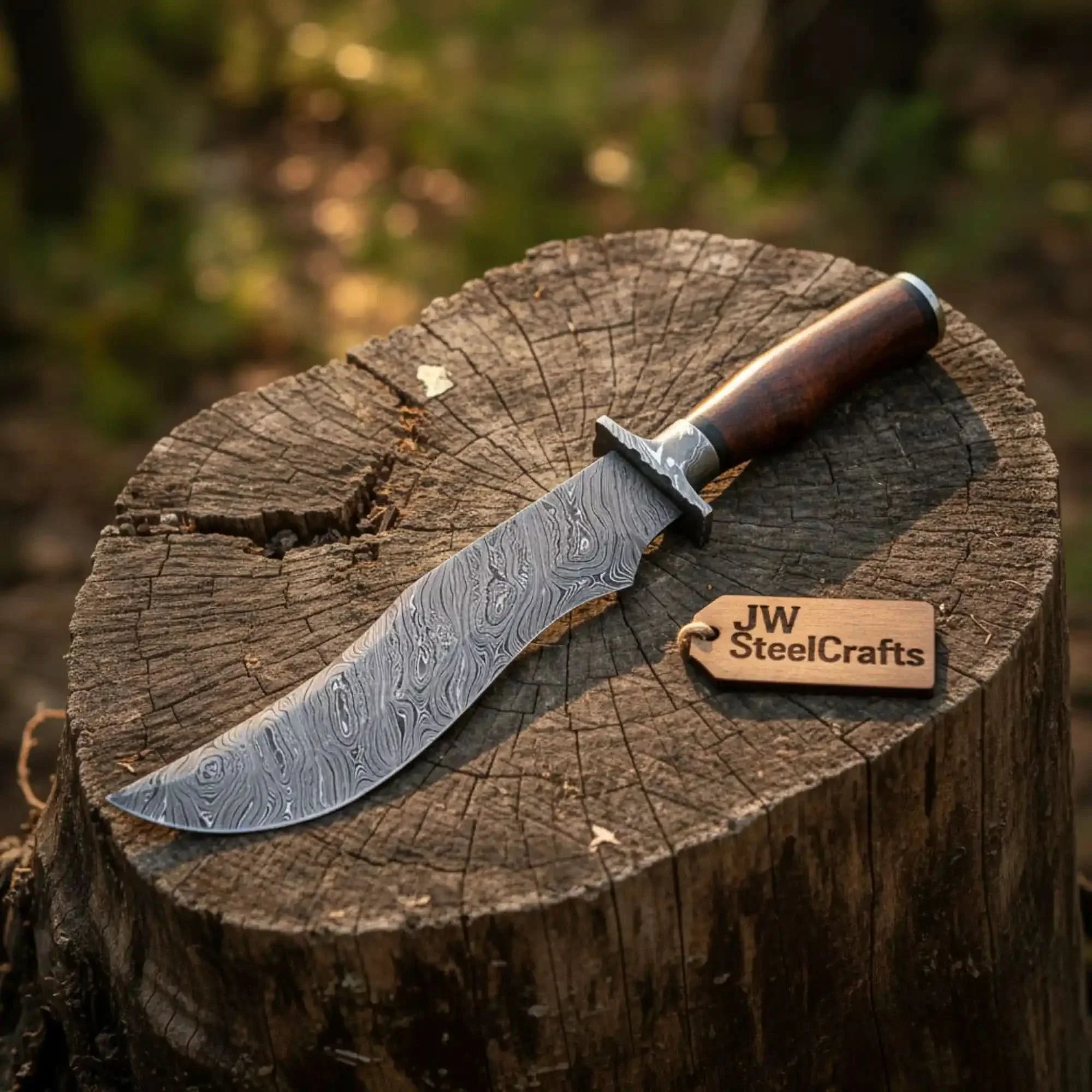 Handmade Damascus Trailing Point Bowie Knife with Tali Wood Handle by JW SteelCrafts, Damascus knife main product photo