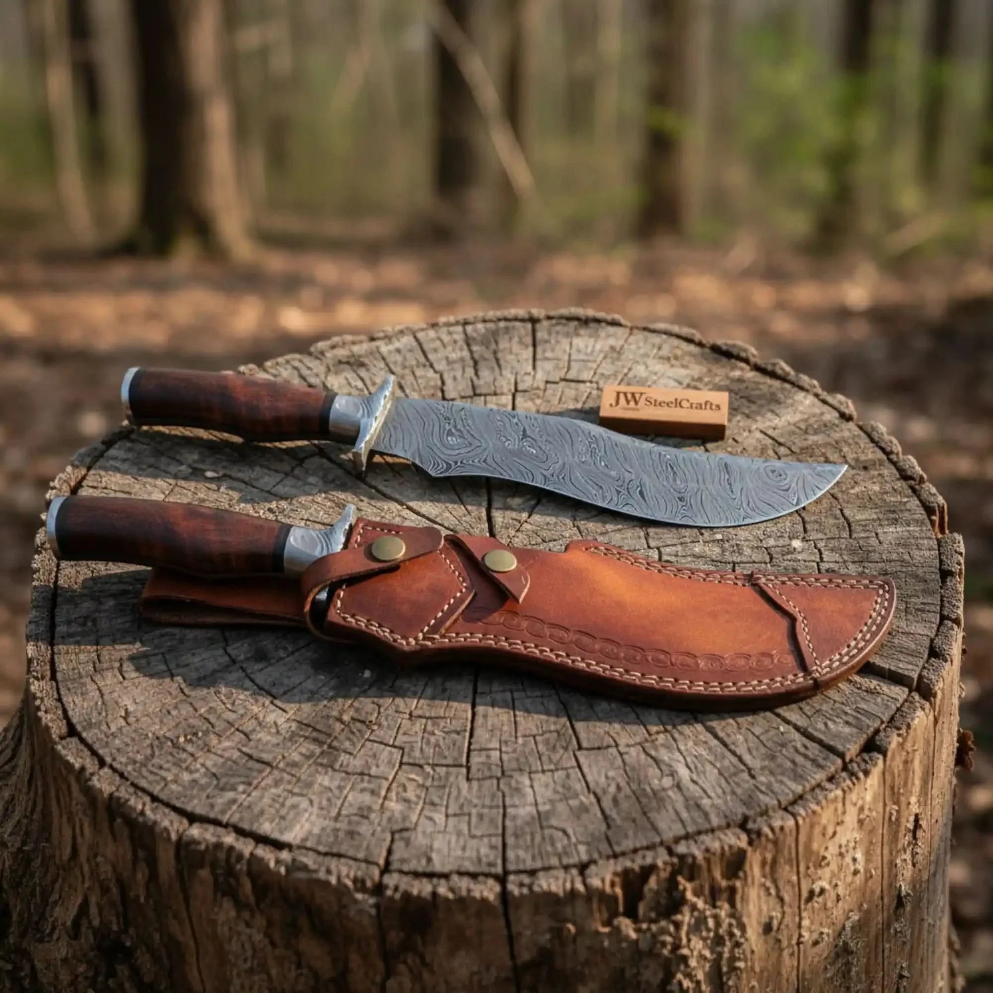 Handmade Damascus Trailing Point Bowie Knife with Tali Wood Handle by JW SteelCrafts, Damascus knife detail photo 2