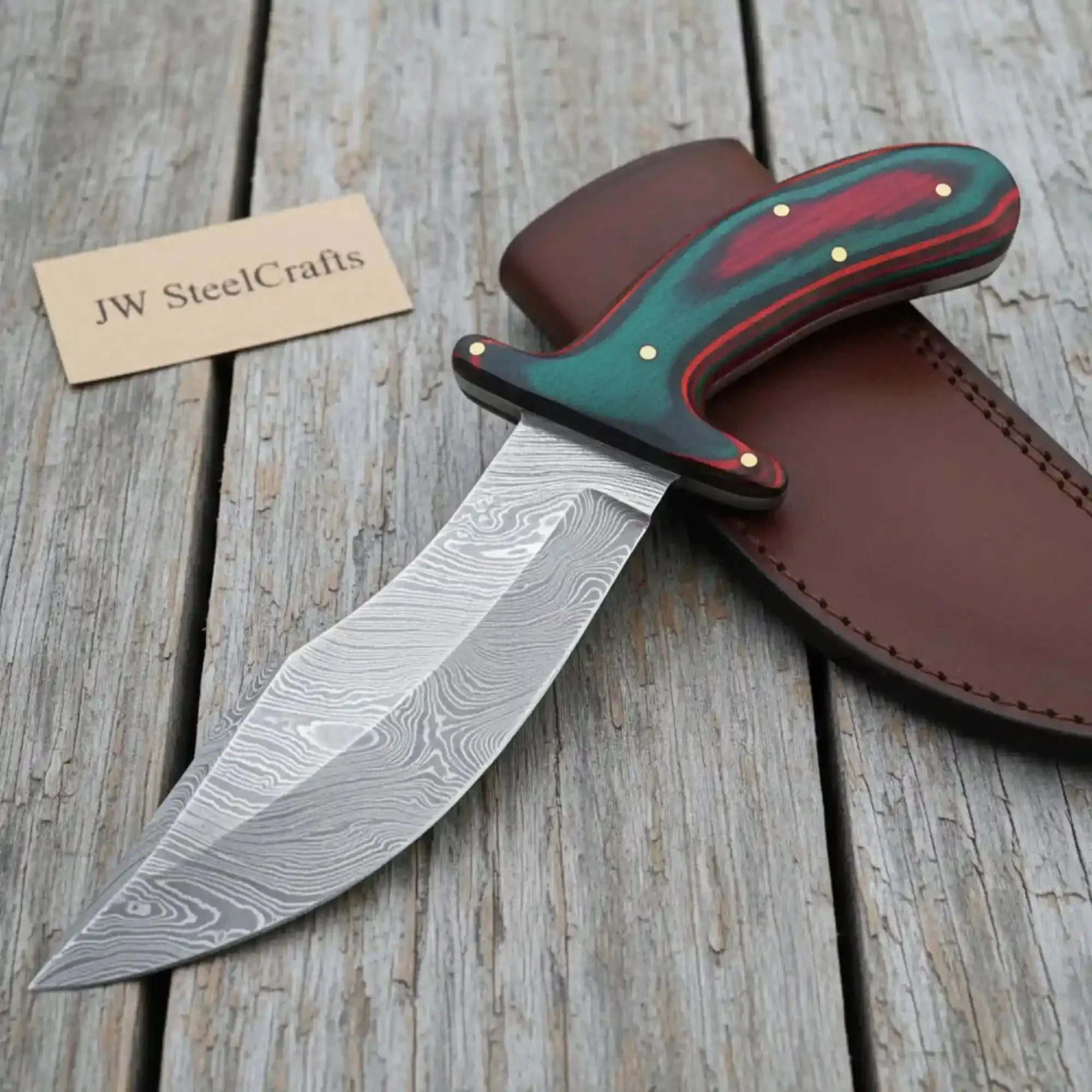 Handmade Damascus Upswept Skinner Knife with Multi-Color Pakka Wood Handle by JW SteelCrafts, Damascus knife main product photo